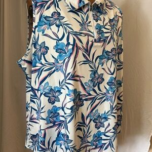 Soneven brand Blue and Pink Sleeveless Blouse‎ with Collar & 1/4 Zippered front